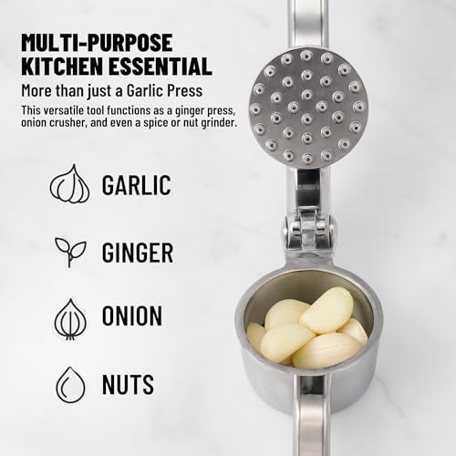 CASAFOYER Stainless Steel Garlic Press, Rustproof Garlic Crusher, Dishwasher Safe, Silver