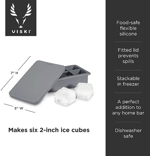 Viski Ice Cube Tray with Lid, Easy Release Large Silicone Mold, 2 Inch Ice Cubes for Whiskey, Cocktails, Mixed Drinks, Iced Coffee, Kitchen & Home Bar Accessories, Man Cave Gifts, Set of 1, Gray