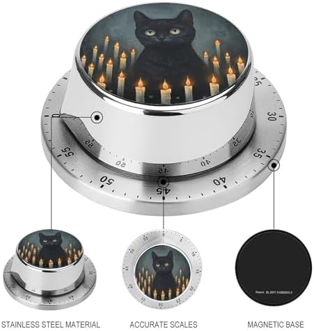 Black Cat in Room of Candles Kitchen Timers for Cooking Minimalist Chef Cooking Timer Clock with Loud Alarm No Batteries Required Mechanical Desk Timer Magnetic Backing