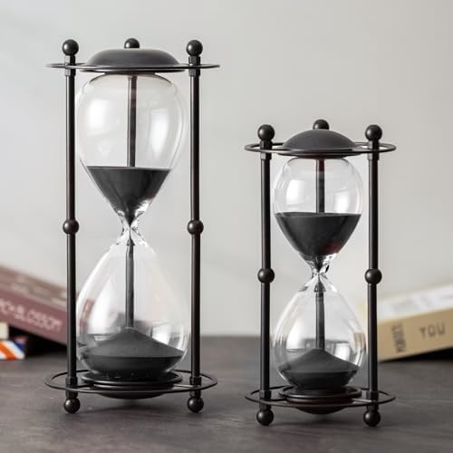 Hourglass Timer 60 Minute, Black Metal Sand Timer, White
