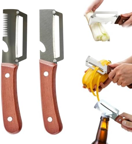 2-Pack Vegetable Peeler Set with Wooden Handle - Premium Stainless Steel Wide Blade Peeler, Multi-Function Veggie Slicer with Scallion Shredder & Bottle Opener for Kitchen, Camping