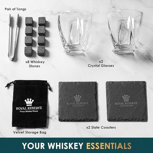 Whiskey Glasses Gift Set for Men, 2 Crystal Bourbon Glasses & Stones