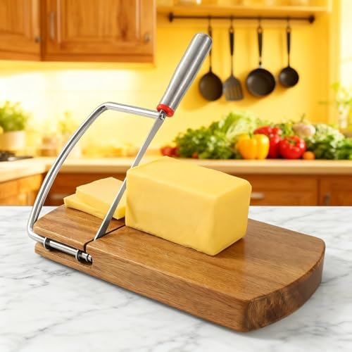 Cheese Slicer for Block Cheese, Acacia Wood Base, Stainless Steel Blade, Effortless Precise Cutting for Hard Soft Cheese, Essential Kitchen Tool for Charcuterie Boards
