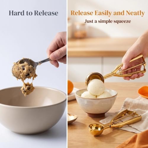 Gold Ice cream spoon,3Pcs Cookie Scoop Set,Stainless steel ice cream scoop with trigger release,Tablespoons,dough scoop,3 Sizes (S/M/L)