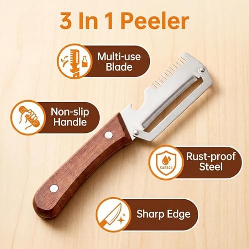 Multi-Functional Vegetable Peeler for Kitchen, Ultra-Sharp Stainless Steel Blade with Wooden Handle and Bottle Opener, For Fruits and vegetables (2 Pcs)