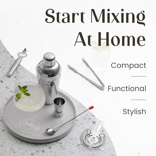 Modern Mixology Cocktail Shaker Set - Bartender Kit with Pine Stand | Leak-Proof Design | Includes Martini Shaker, Jigger, Strainer, Spoon, Tongs | Perfect Bar Tools Gift for Home Mixology (Silver)