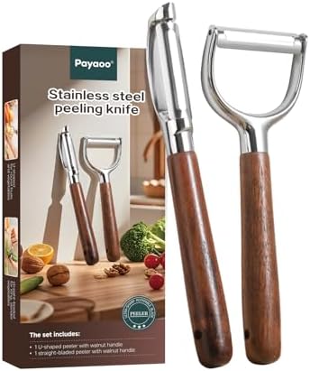 Vegetable Peeler Set, 2-Pack Potato Peelers (Straight + Y Peeler), Swivel Blades, Sharp Stainless Steel, Walnut Wood Handle, Fruit & Veggie Peeler for Kitchen