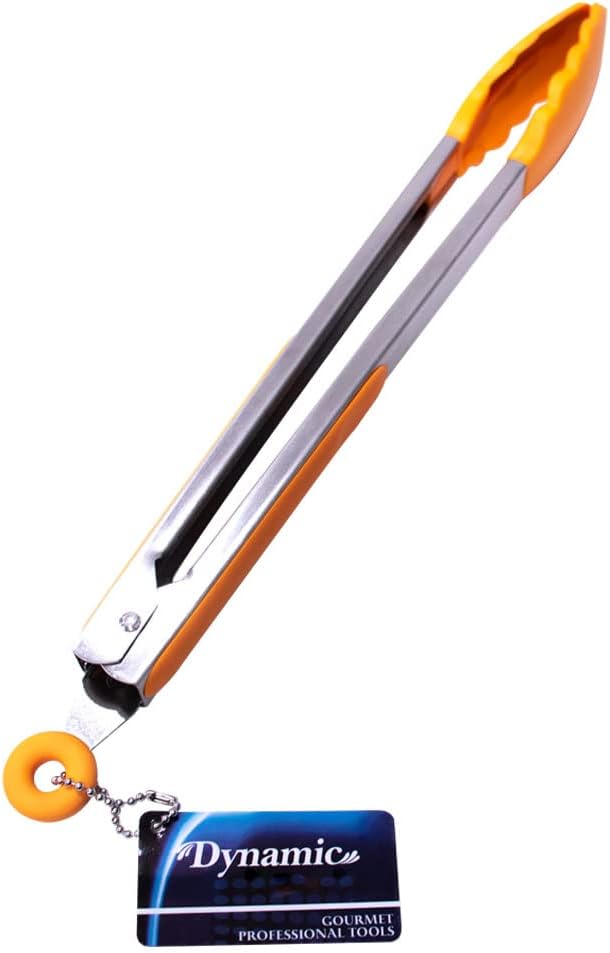 Dynamic 12" Locking Tongs With Silicone Heads, Orange