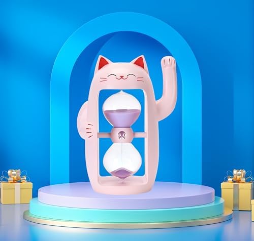 Lucky Cat Sand Timer Cute Hourglass Maneki-Neko Sandglass Timer reloj de Arena 3Min Sand Clock for Toothbrush Games Classroom Home Office Cooking Front Desk（Pink+3Min）