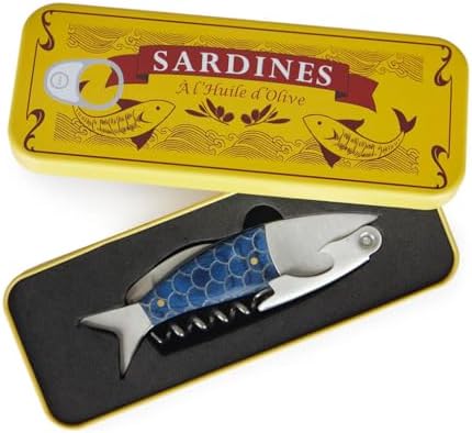 Balvi Sardines Corkscrew and Bottle Opener with Blue Tin Box – Durable Metal Design, Easy-to-Use Wine and Beer Opener, Ideal for Home Bars and Parties – Sacacorchos Sardinas