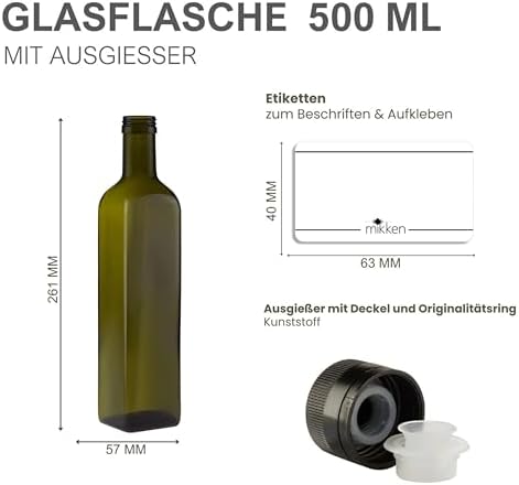 mikken 2 x Oil Bottles 500 ml with Spout Green/Brown Oil Dispenser Glass Bottle with Dispenser and Labels