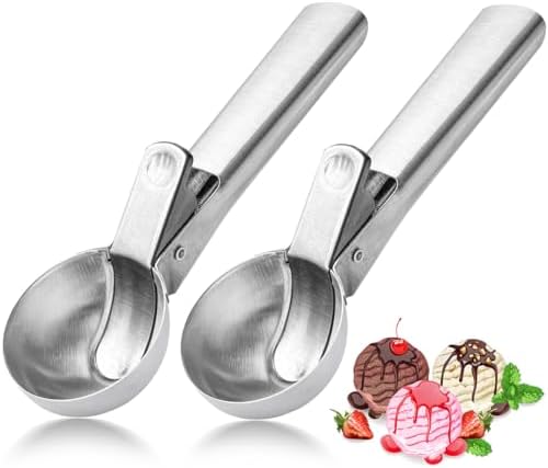 Premium Ice Cream Scoop, Stainless Steel Ice Scoop with Trigger & Ergonomic Handle - One-Push Release for Perfect Scooping, Dishwasher Safe for Ice Cream, Gelato, Sorbet, Cake Batter (2p-silver)