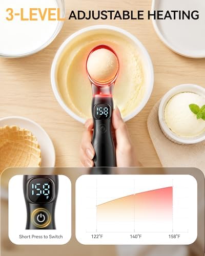 Yofidra Heated Ice Cream Scoop 4000 mAh, Ergonomic Design with Physical On/Off Switch, LED Battery Indicator & Screen Display, IP67 Waterproof for Easy Clean, Stand Design for Hygienic (Black)