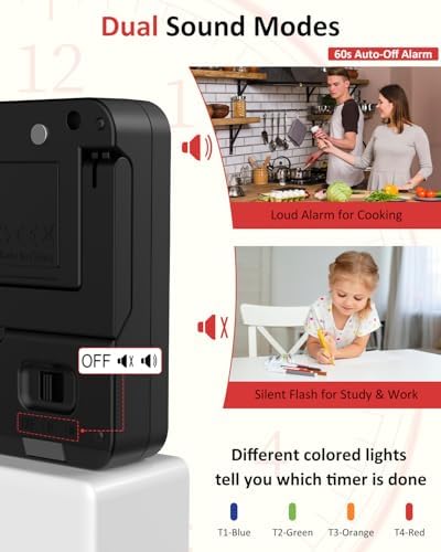 Digital Kitchen Timer with 4 Channel, Loud Alarm and Silent Mode