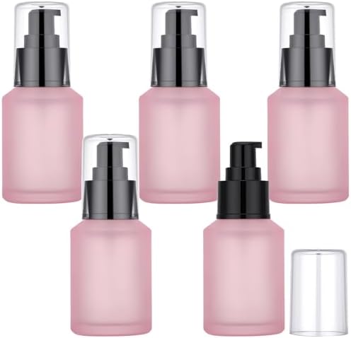Segbeauty 2oz Frosted Glass Refillable Pump Bottles for Toiletries, 5pcs Travel Size Empty Bottles with Pumps for Cosmetics, 60ml Pink Travel Containers for Oils Bottle Dispenser Liquid Containers