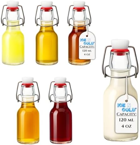 ICE N COLD Glass Swing Top Bottles | Flip Top Glass Bottles for Limoncello, Syrups, Oils, Vinegar, Extracts & Beverages | Airtight Reusable Glass Bottles (6-Pack, SMALL (110ml | 4oz))