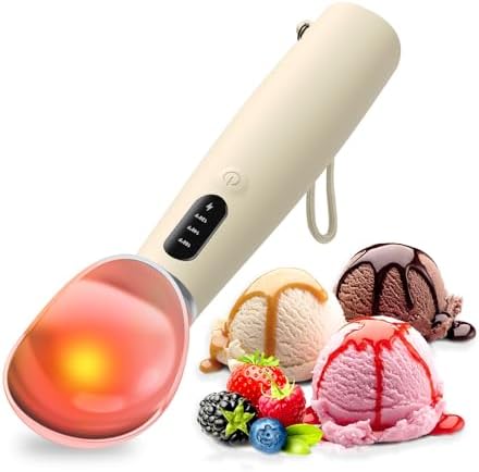 Heated Ice Cream Scoop Rechargeable, IP67 Waterproof Electric Warming Ice Cream Scooper with LED Display, Heats to 70°C for Hard Ice Cream, Easy for Seniors & Kids (Beige)
