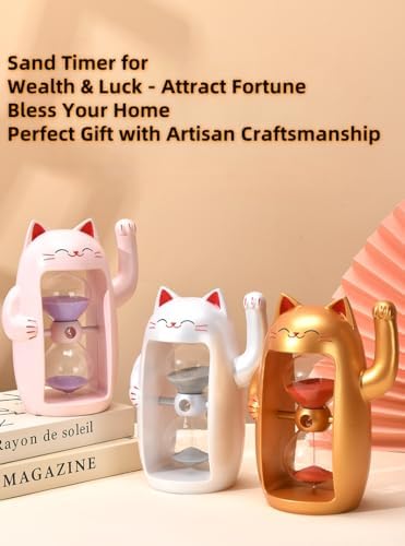 Lucky Cat Sand Timer Cute Hourglass Maneki-Neko Sandglass Timer reloj de Arena 5Min Sand Clock for Toothbrush Games Classroom Home Office Cooking Front Desk（Gold+5Min）