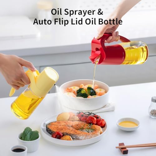 Glass Oil Dispenser and Oil Sprayer for Kitchen Cooking, Olive Oil Dispensing Sprayer Pour Set, 10oz/300ml olive oil spray bottle, 20oz/580ml Oil Dispenser Bottle with Auto Flip Cap for Salad, BBQ