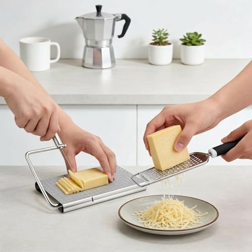 Lothee Replaceable Wire Cheese Slicer with Board and Measuring Grids and Grater Tightness Adjustable Cheese Slicers, Stainless Steel Cutter with 5 Extra Wires, Dishwasher Safe, Kitchen Gadget