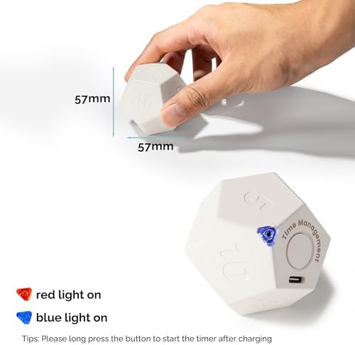 KADAMS Pomodoro Cube Timer Productivity-11 Preset Countdowns, Flip-to-Start Gravity Activation - Sound Vibrate Mute Rechargeable - Ideal for ADHD Kid Kitchen Classroom Cook Study Exercise - White
