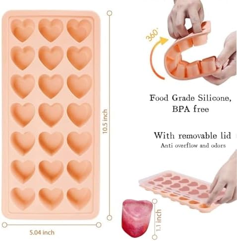 2 Pack Heart-Shaped Ice Cube Trays - 42 Holes Silicone Heart Ice Cube Tray with Lid, BPA Free and Dishwasher Safe, Mini Heart Shape Ice Cube Mold, Easy to Remove (2 Pack Pink)