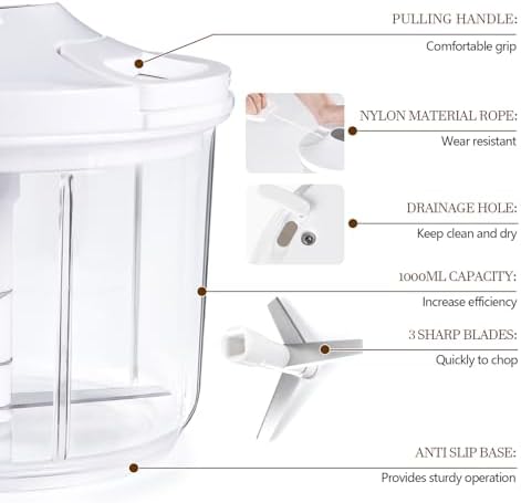 1000ML Onion Chopper, Large Hand Pull String Vegetable Food Chopper, White