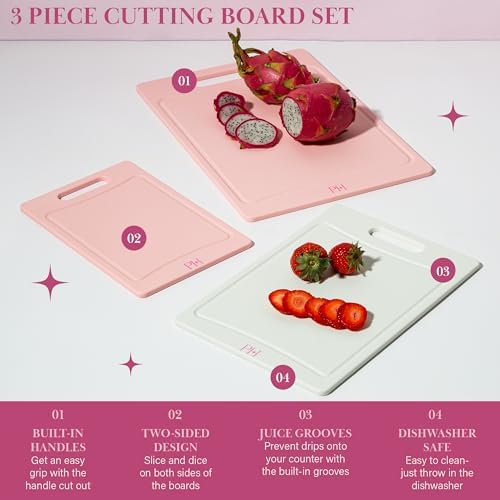 Paris Hilton Cutting Boards for Kitchen, Reversible Dual Sided Plastic Cutting Board Set with Juice Grooves, Easy Grip Handle, Heavy Duty and Made Without BPA, Dishwasher Safe, 3-Piece, Pink and Cream