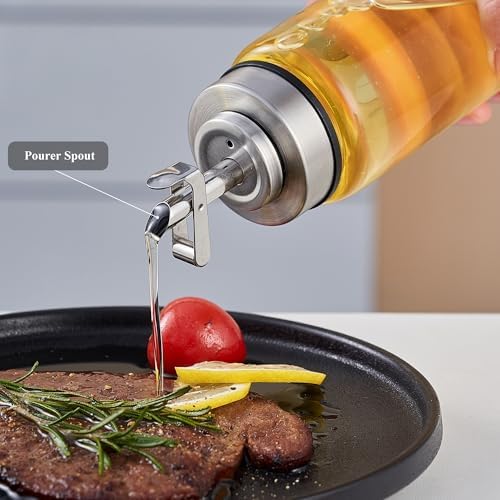 Verdental 15 oz Glass Olive Oil Dispenser Bottle for Kitchen Stainless Steel Cruet Pourer Spout for Oil Vinegar Coffee Syrup Soy Sauce Other Liquids with Non-slip Silicone Ring and Labels (450ml)