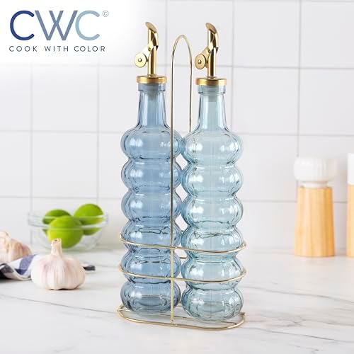 COOK WITH COLOR Glass Olive Oil Bottle Dispenser - 2 Pack- 17oz Oil and Vinegar Cruet - Olive Oil Carafe Decanter for Kitchen, Elegant Waves, Blue