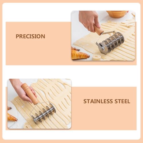 DOITOOL Stainless Steel Dough Lattice Roller Cutter with Wood Handle Noodle Pasta Cutter Wheel Lattice Pastry Tool for Dough Spaghetti Cookie Pie Pizza Bread Crust Roller