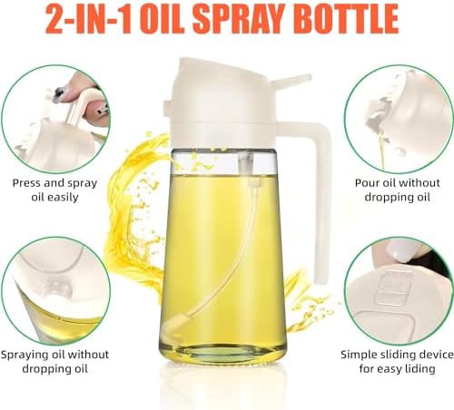 JAZZER Oil Dispenser Bottle - 2 in 1 Olive Oil Dispenser & Sprayer - 16oz/470ml - Kitchen, Cooking, Air Fryer, Salad, BBQ (with 2 Brushes) (White)