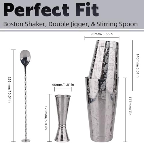 Boston Cocktail Shaker Etched Set, Jigger Spoon 17/24oz Sliver