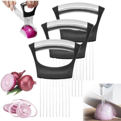 Upgraded Onion Holder for Slicing, Stainless Steel Lemon Slicer Onion Cutter for Slicing, Vegetable Cutter for Potato and Tomato Avocados Eggs Meat Kitchen Chopper Slicings Assistant Tool (3 Pack)