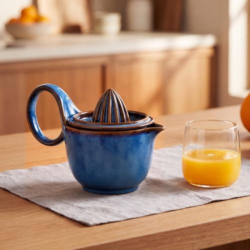 Sawysine Ceramic Lemon Squeezer Manual Citrus Juicer with Strainer Hand Press Lime Orange Reamer with 8.45 oz Cup Strainer Lid Spout Handle for Citrus Fruits Home Kitchen Bar(Classic,Dark Blue)