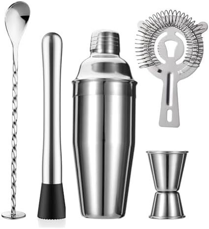 ZPUFAW 5-Piece Cocktail Shaker Set Shaker Strainer Jigger T-Mixing Spoon Muddler Bartender Kit Stainless Steel Bar Set Housewarming Gift