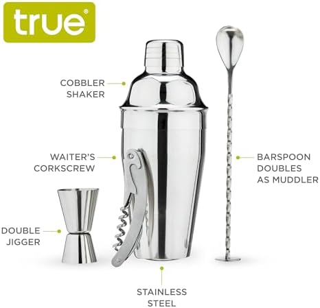 True Bar Drink Mixer Set, 19oz 4-piece Cocktail Shaker Set Bartender Kit, Cocktail Mixer Set, Cocktail Shaker Kit, Barware Tool Sets, Bar Accessories, Silver