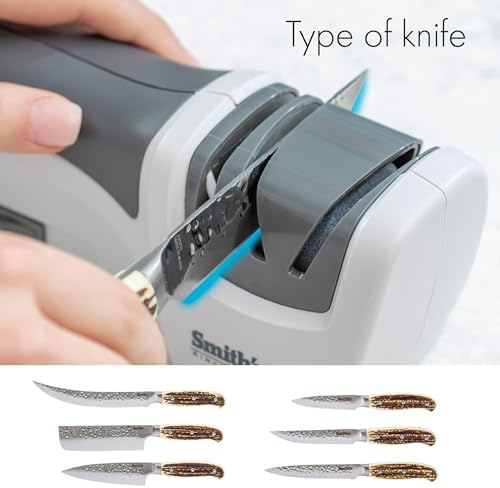 Smith’s 50097 Compact Electric Knife Sharpener | White & Grey | Kitchen Knife 2 Stage Sharpener | Electric & Manual | Blade Guide | Quick Sharpening & Polishing | Straight Edge Blades | Handheld