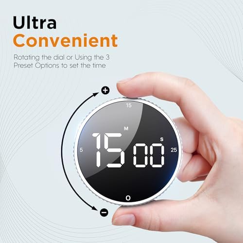 Digital Kitchen Timer - Magnetic Countdown Count Up Clock with Large LED Display, 5/15/25 Min Presets, 3 Volume Levels, Rotary Dial for Cooking, Productivity, Classroom, Fitness (1, Silver)