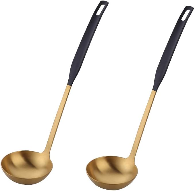 Buyer Star 2 Pcs Soup Ladle Spoons,Gold Black Cookware Serving Long Handle Steel Slotted Spoon Cooking Utensil Set for Hotpot