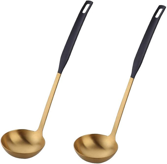 Buyer Star 2 Pcs Soup Ladle Spoons,Gold Black Cookware Serving Long Handle Steel Slotted Spoon Cooking Utensil Set for Hotpot
