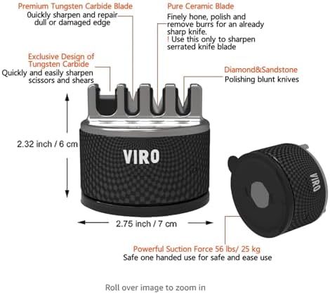 VIRO Compact Suction Kitchen Chef Knife Scissors Sharpener for Straight & Serrated Knives, 4-Stage Knife Sharpening Tool Helps Repair and Restore Blades (Black)