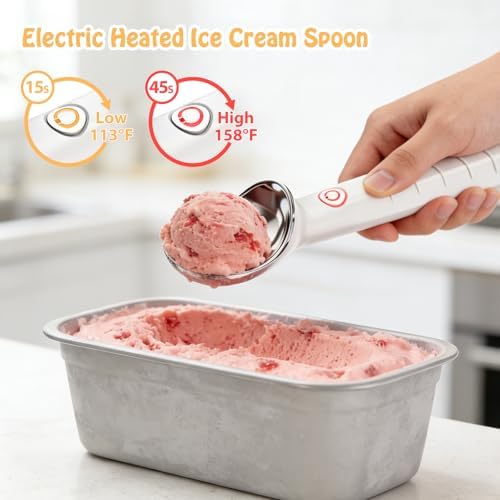 Heated Ice Cream Scoop Rechargeable Ice Cream Scooper with ON/OFF Safety Switch, Ergonomic Nonstick Grip Handle for Gelato, Sorbet, Cookie Dough, Melon, Frozen Yogurt & More (White)