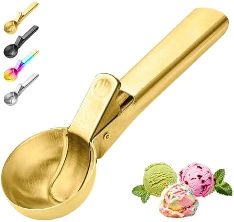 Ice Cream Scoop,Portable Stainless Steel Ice Cream Scoop with Trigger and Comfortable Handle,Dishwasher Safe,DIY Ice Cream,Gelato,Sorbet,Cake Batter (Golden)