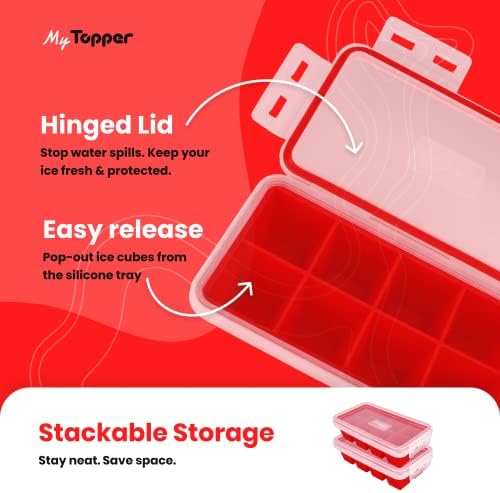 IceTopper XL Ice Cube Tray with Attached Lids - Easy Release Ice Cube Molds, 8 Large Cubes per Tray, Stackable, Microwave & Dishwasher Safe, 100% Food Grade Silicone, BPA Free & Recyclable (2 Pack)