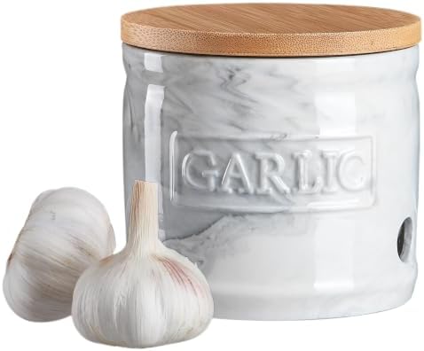 ONEMORE Garlic Keeper for Counter Ceramic Garlic Holder Countertop Storage Container with Lid - Marble Style Garlic Saver for Kitchen