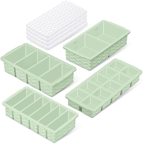 Silicone Freezer Trays with Lid (4-Pack), 1-Cup, 2-Cup, 1/2-Cup & 2-Tbsp Silicone Freezer Molds, Stackable Soup Freezer Meal Prep Containers,Ice Cube Tray for Making Sauce,Smoothies,Yogurt Bites