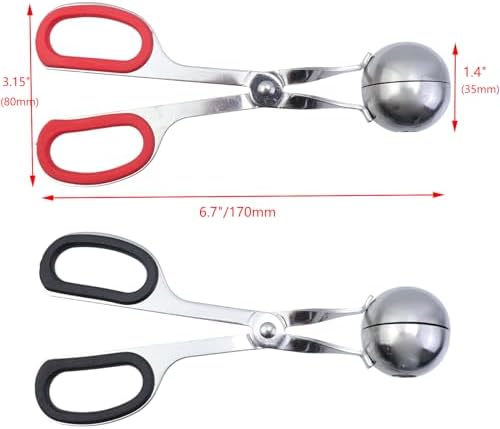 2Pcs Meatball Maker Tongs None-Stick Meatball Maker Stainless Steel Meat Ballers Scoop Ball Maker Ice Tongs for Meat, Cake Pop, Ice Cream Scoop, Fruit, Cookie Dough, Melon -Black & Red（M Size）