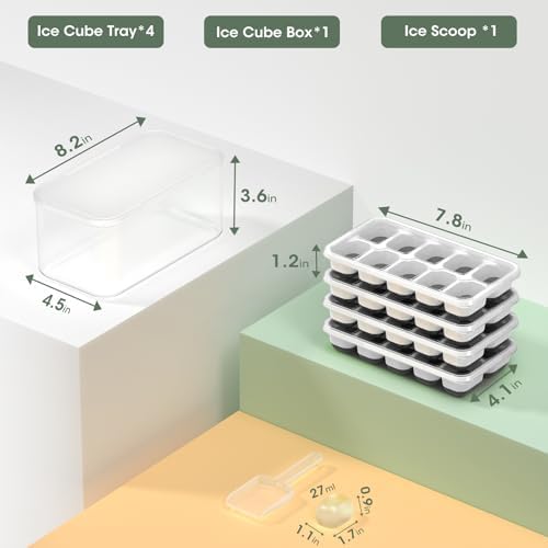 DOQAUS Ice Cube Tray with Lid and Bin,4 Pack Ice Cube Trays for Freezer