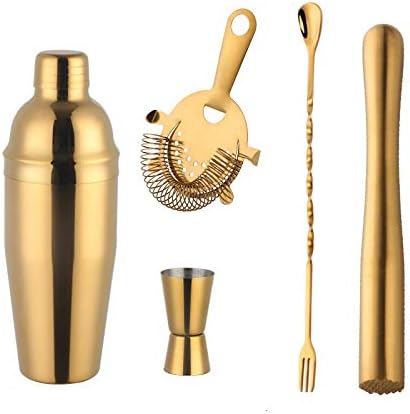 Buyerstar Bar Set 5-Piece Mixology Bartender Kit - Cocktail Shaker Set Bar Tool Set for Home and Professional Bartending - Martini Shaker and Drink Mixing Bar Tools - Cocktail Kit(Gold)